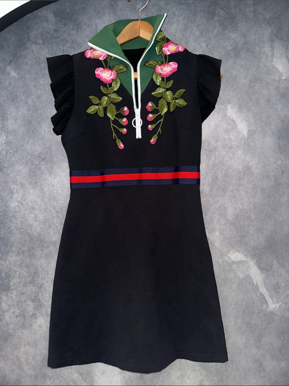 Black Floral Embroidered Zip-Front Dress